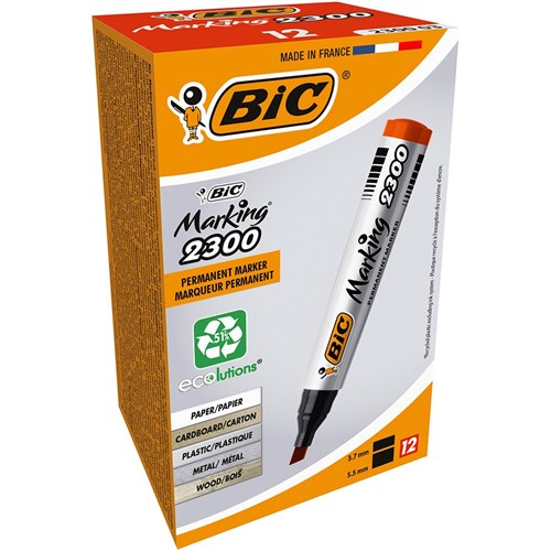 Bic 2300 Marking Permanent Markers Chisel 3.7-5.5mm Red Pack of 12