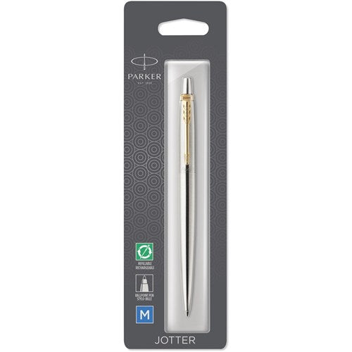 Parker Jotter Ballpoint Pen Gold Trim Stainless Steel Blue Refill