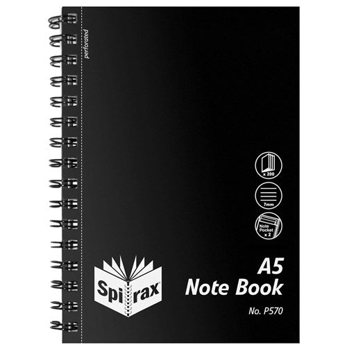 Spirax P570 Notebook Poly Cover With Note Pockets A5 Ruled 200 Page Side Open Black | Better Office