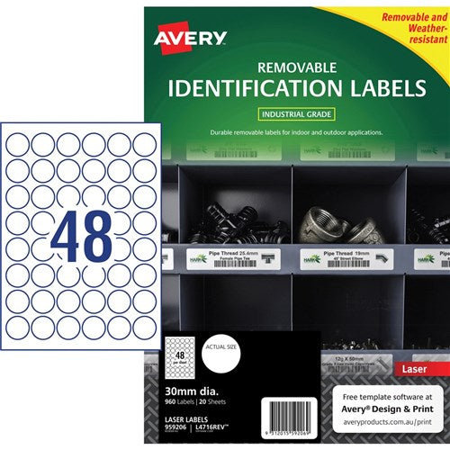 Avery Identification Removable Heavy Duty Laser White L4716 30mm Round 48UP 960 Labels