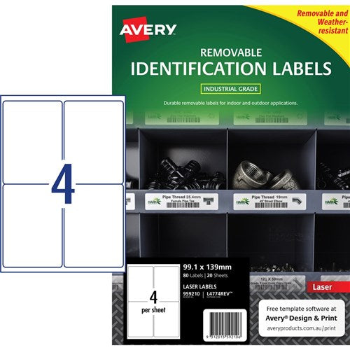 Avery Identification Removable Heavy Duty Laser White L4774 99.1x139mm 4UP 80 Labels