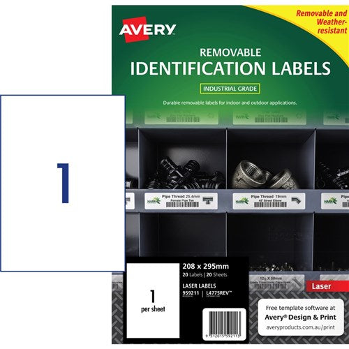 Avery Identification Removable Heavy Duty Laser White L4775 208x295mm 1UP 20 Labels