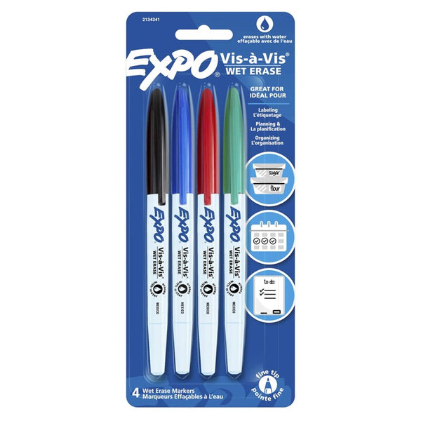 MARKER WHITEBOARD EXPO VIS A VIS WET ERASE F/POINT PK4 ASSORTED BLISTER