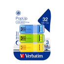 USB Drive Verbatim Pop Up 2.0 32gb Assort Brights Pk3