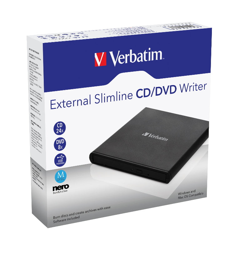 Verbatim External Slimline Mobile CD/DVD Reader, Writer, Burner, Player, Ultra Portable on the Go, Notebooks, USB Powered Black Retail Pack