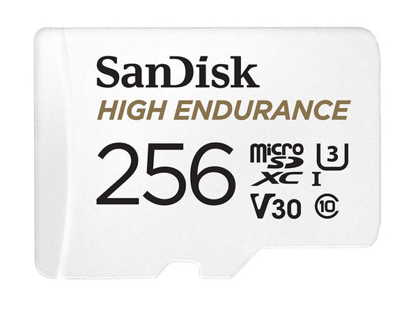 SanDisk High Endurance 256GB microSD 100MB/s 40MB/s 20K hrs 4K UHD C10 U3 V30 -40Â°C to 85Â°C Heat Freeze Shock Temperature Water X-ray Proof SD Adapter