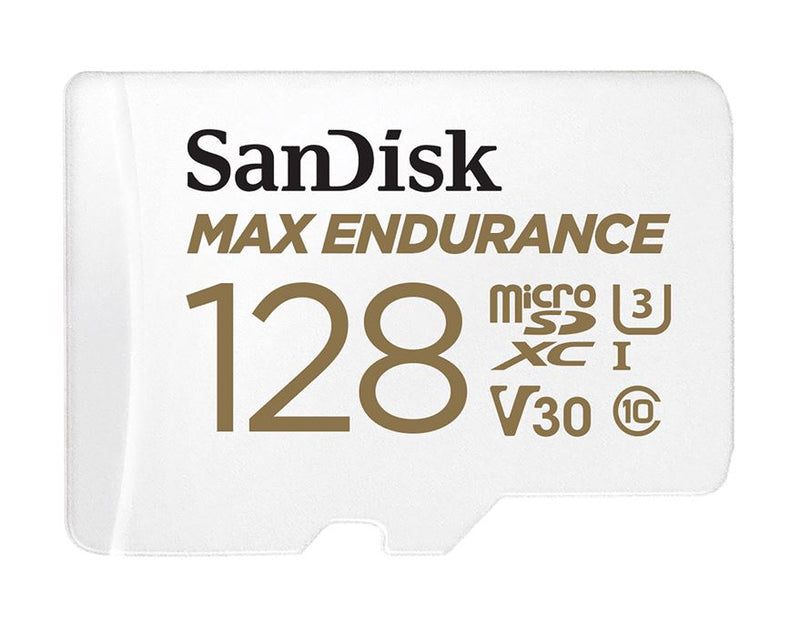 SanDisk Max Endurance 128GB microSD 100MB/s 40MB/s 20K hrs 4K UHD C10 U3 V30 -40Â°C to 85Â°C Heat Freeze Shock Temperature Water X-ray Proof SD Adapter