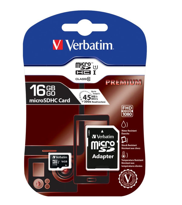 Verbatim Micro SDHC 16GB (Class 10) with Adaptor Up to 45MB/Sec 300X read speed