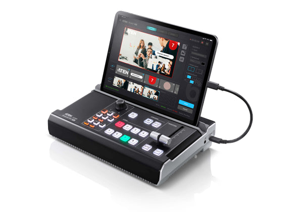 Aten UC9040 StreamLIVE� PRO All-in-one Multi-channel AV Mixer. Preset up to 8 scenes, DVE video transition effects, a storyboard like management