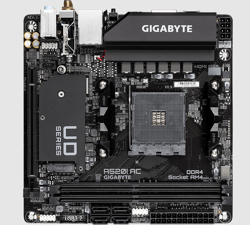 Gigabyte A520I AC AMD A520 Mini-ITX Ultra Durable Motherboard with Direct 6 Phases Digital VRM, Onboard Intel 802.11ac WIFI, PCIe 3.0 x4 M.2
