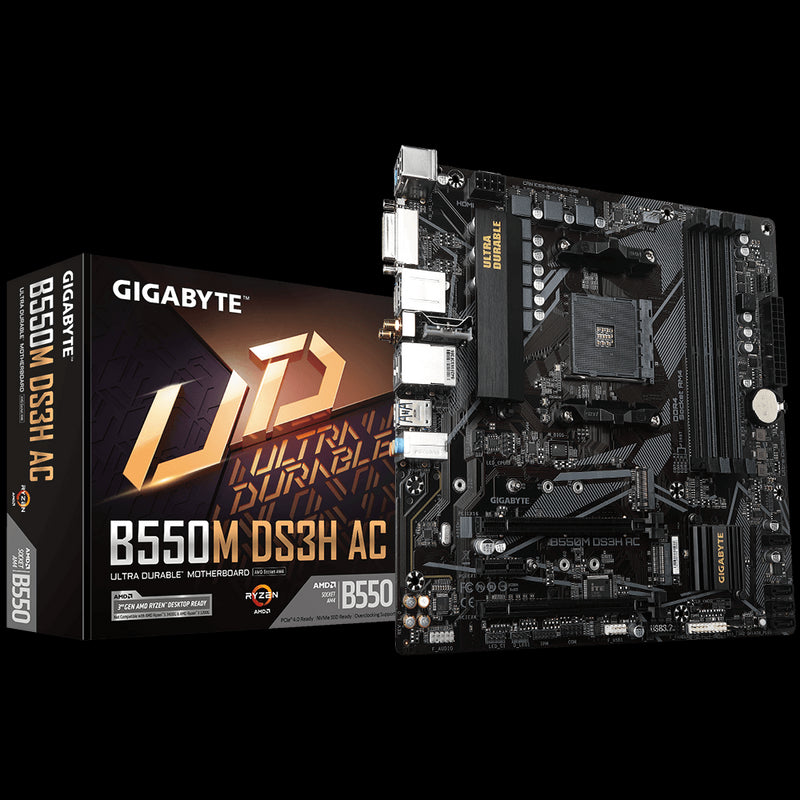 Gigabyte B550M DS3H AC AM4 Ryzen mATX Motherboard, 4x DDR4, 3x PCI-e, 2x M.2, 4x SATA III, RAID 0/1/10, 4x USB 3.2, 4x USB 2.0