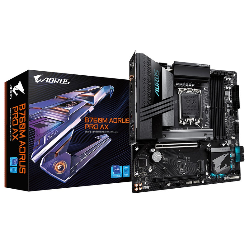 Gigabyte B760M AORUS PRO AX Intel LGA 1700 m-ATX Motherboard, 4x DDR5 ~128GB, 2x PCI-E x16, 2x M.2, 4x SATA,  4x USB 3.2, 1x USB-C, 4x USB 2.0