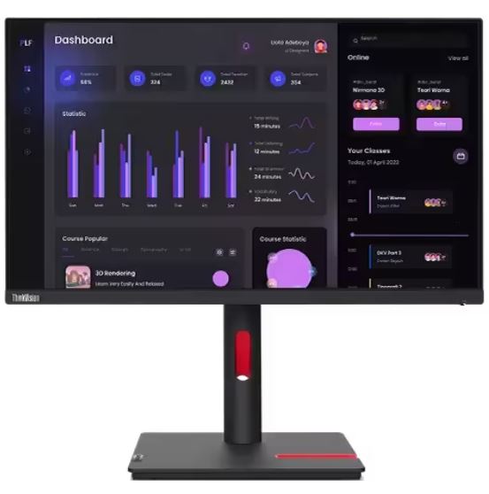 LENOVO ThinkVision T24I-30 23.8'/24' 60Hz FHD Monitor 1920x1080 16:9 Anti-Glare Height Adjustable Titl Swivel Pivot 4xUSB3.2 Hub VGA DP HDMI Audio 3yr