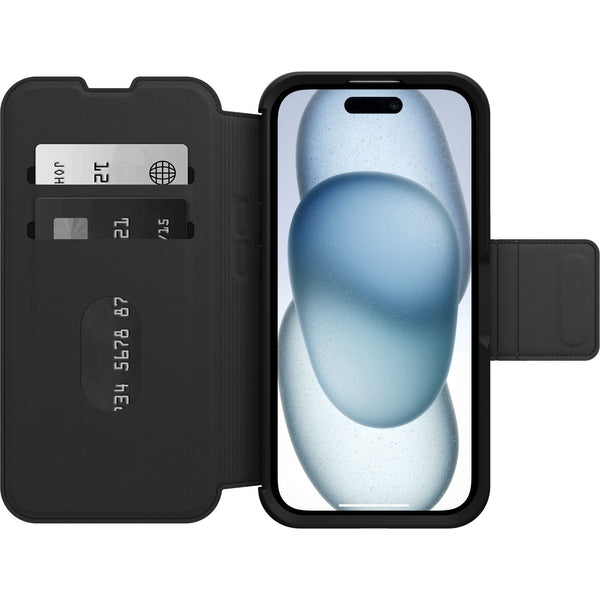 OtterBox Strada MagSafe Apple iPhone 15 (6.1') Case Shadow (Black) - (77-93572), DROP+ 3X Military Standard,Leather Folio Cover,Card Holder