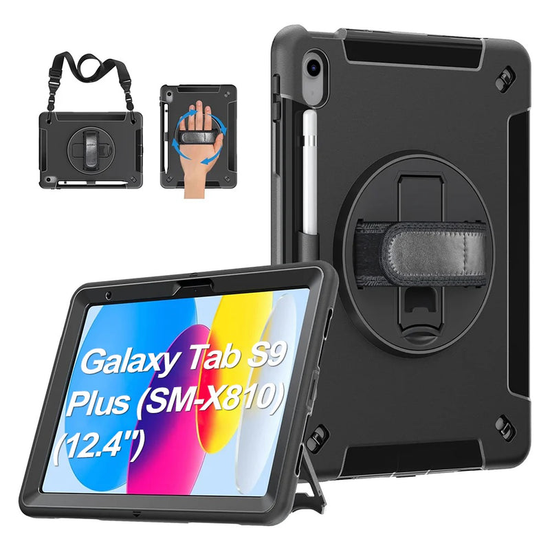 USP Rugged Samsung Galaxy Tab S10+/ Tab S9+ /Tab S9 FE+ (12.4') Case Black - Built-in-Kickstand,Adjustable Hand Strap, Pen Holder