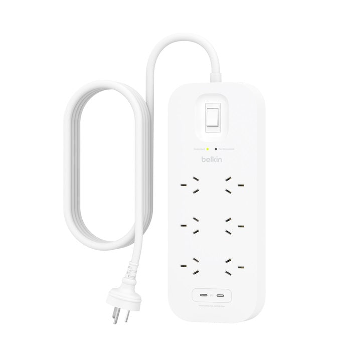 Belkin SurgePro 6-Outlet Surge Protector with Dual USB-C 30W Ports - White (SRB006AU2M), 2M Power Cord, 650 Joules Protection, CEW $50,000, 2 Years