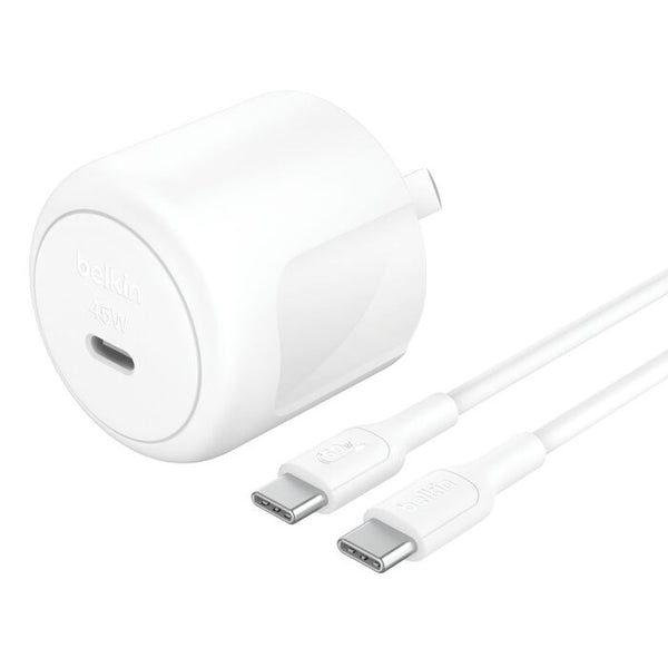 Belkin BoostCharge Compact 45W USB-C PD 3.1 Wall Charger + USB-C to USB-C Cable 60W (1M) - White (WCA013au1MWH-B6),Safe & Efficient, 2 Years Warranty