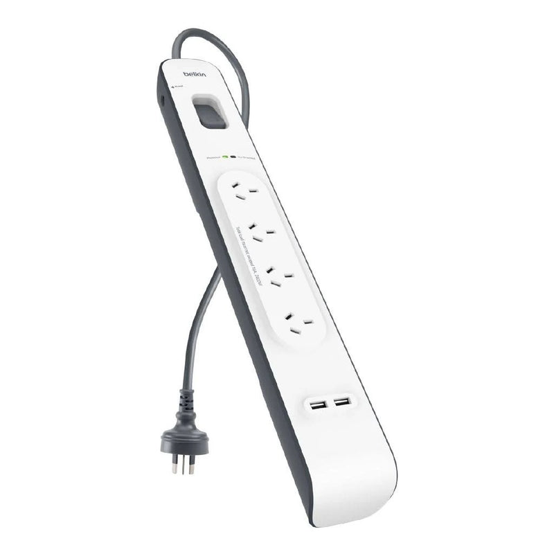 Belkin SurgePlus 4-Outlet 2-Meter Surge Protection Strip With Two (2.4) Amp USB Charging Ports - White (BSV401au2M), 2M Power Cord, 2 Years Warranty