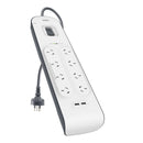 Belkin SurgePlus 8-Outlet 2-Meter Surge Protection Strip With Two (2.4) Amp USB Charging Ports - White (BSV804au2M), 2M Power Cord, 2 Years Warranty