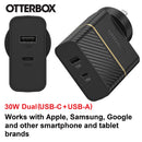 OtterBox 30W Dual Port Premium PD Fast Wall Charger - Black (78-80029), (USB-C 18W & USB-A 12), Drop Tested, Safe & Smart Charging, 2 Years Warranty