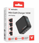 Verbatim Mini GaN Charger 140W with Display Premium 4-port GaN wall charger with three USB-C® and one USB-A port