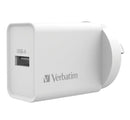 Verbatim USB Charger Single Port 2.4A - White Single Port Wall Charger Rohs, CE, Apple, Android, tablet, Handheld. OC, OV, SS, OT, Fire Resistant.
