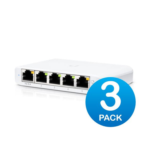 Ubiquiti USW Flex Mini 3 Pack - Managed, UniFi, Layer 2 Gigabit Switch, 5x GbE RJ45 Ports, PoE (802.3af) or USB Type-C 5V 1A, No PSU, 2Yr Warr