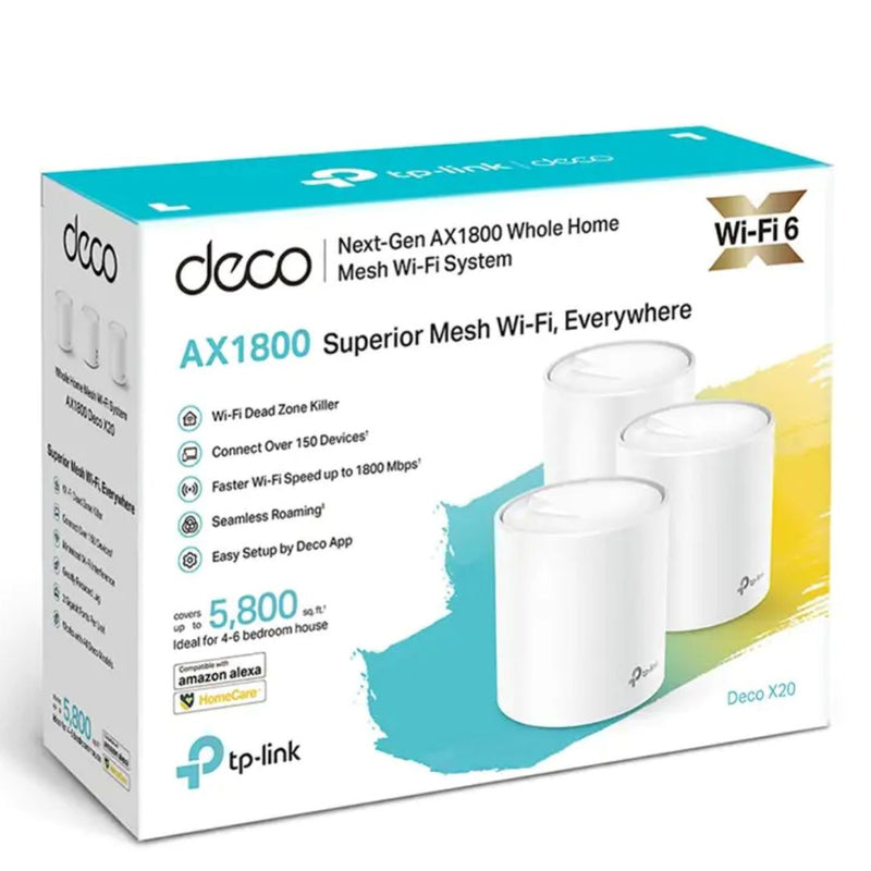 TP-Link Deco X20(3-pack) AX1800 Whole Home Mesh Wi-Fi System, Up To 530 sqm Coverage, WIFI6, 1201Mbps @ 5Ghz, 574Mbps @ 2.4 GHz OFDMA, MU-MIMO (WIFI6)