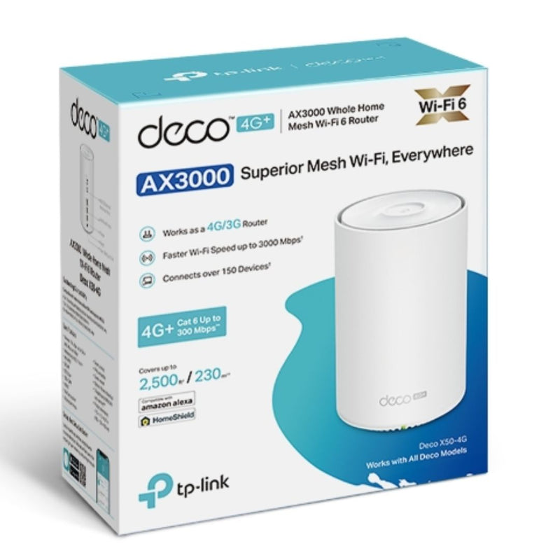 TP-Link Deco X50-4G(1-pack) 4G+ AX3000 Whole Home Mesh Wi-Fi 6 Router, Build-In 300Mbps 4G+ LTE Advanced Modem