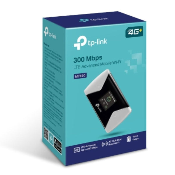 TP-Link M7450 4G-LTE Mobile Wi-Fi 300Mbps DL 50Mbps UL 4G SIM Card + microSD Slot 3000mAh 15hrs Rechargeable Battery for 32 Devices iOS/Android App