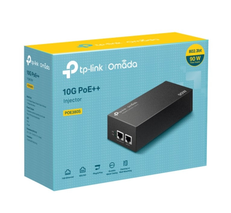 TP-Link POE380S Omada 10G PoE++ Injector PORT: 1Ã— 10Gbps PoE Port, 1Ã— 10Gbps Non-PoE Port, SPEC: 802.3bt/at/af Compliant, 90 W PoE Power, Data and Pow