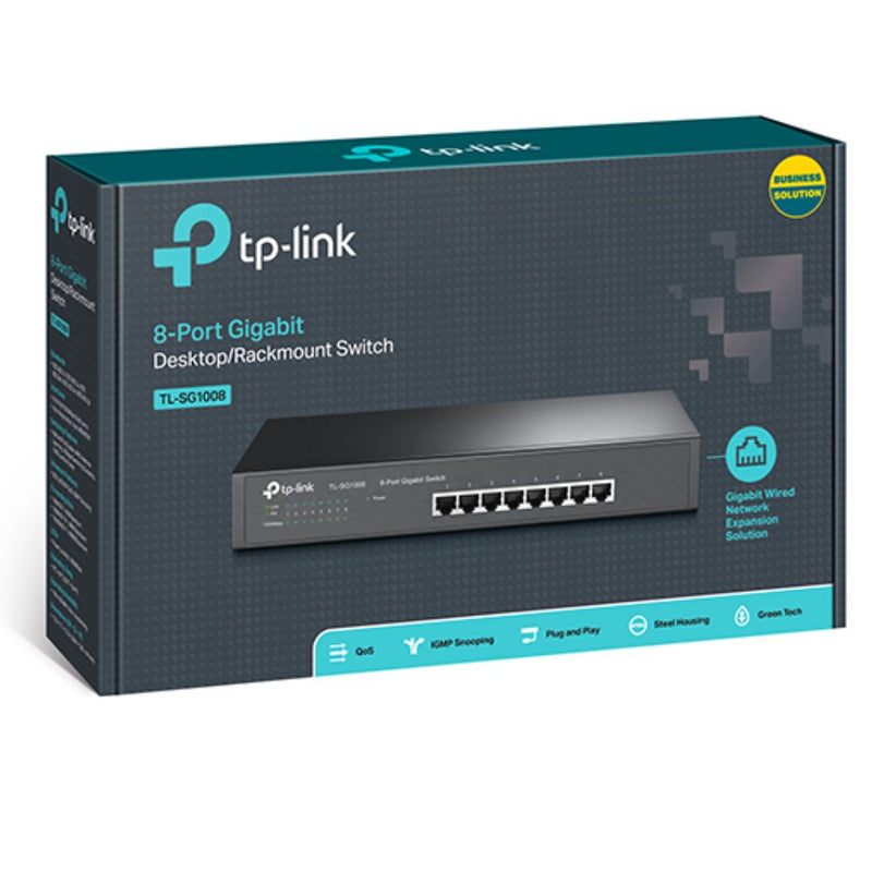 TP-Link TL-SG1008 8-Port Gigabit Unmanaged Switch 13' Desktop Rackmountable Steel Case Fanless Supports MAC address 802.1p/DSCP QoS