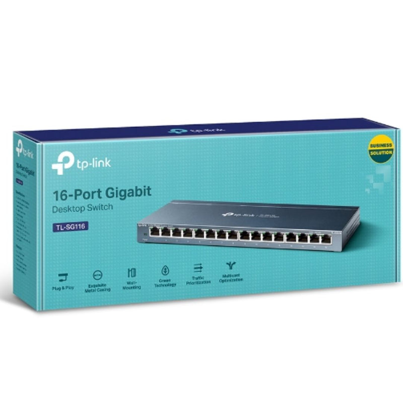 TP-Link TL-SG116 16-Port Gigabit Unmanaged Desktop/Wall Mounting Switch 32Gbps Capacity 23.81Mpps 8K MAC 4.1Mb Buffer Fanless