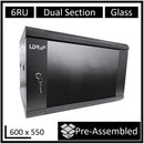 LDR Assembled 6U Hinged Wall Mount Cabinet (600mm x 550mm) Glass Door - Black Metal Construction - Top Fan Vents - Side Access Panels