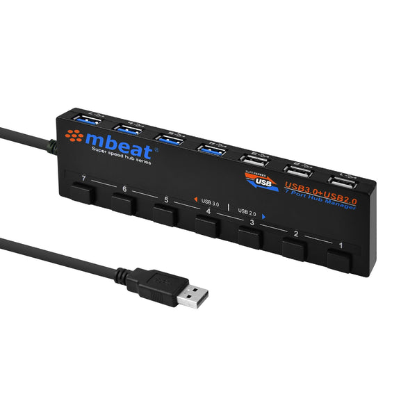 mbeat� 7-Port USB 3.0 & USB 2.0 Powered Hub Manager with Switches - 4x USB 3.0 with 5Gbps/3x USB 2.0 with 2.4Ghz(480Mbps)/Super Fast Hub Weight: 129g