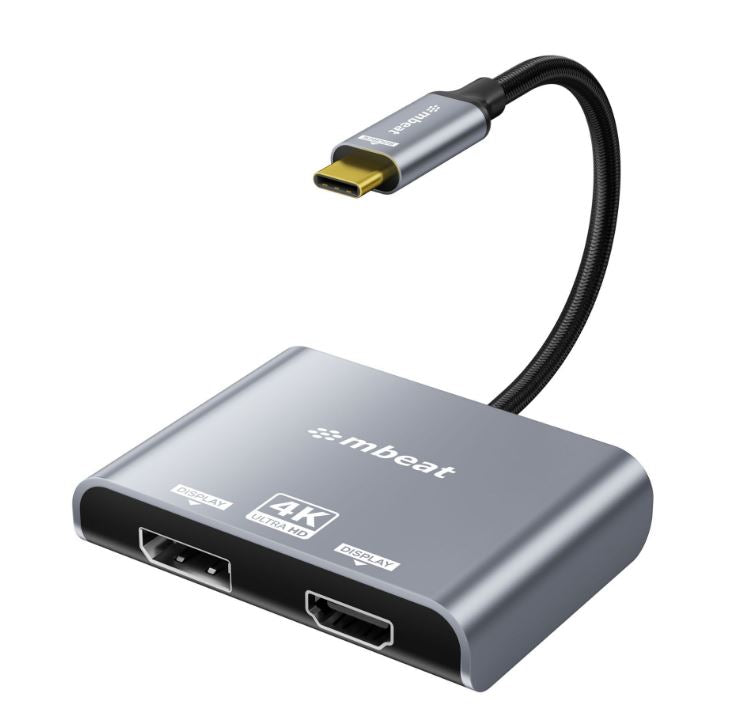 mbeat® Tough Link USB-C to DP&HDMI Dual 4K/60Hz MST Adapter 4K (3840x2160) @ 60Hz, 4K (3840x2160) @ 30Hz, 2K (2560x1440) @ 60Hz - Space Grey