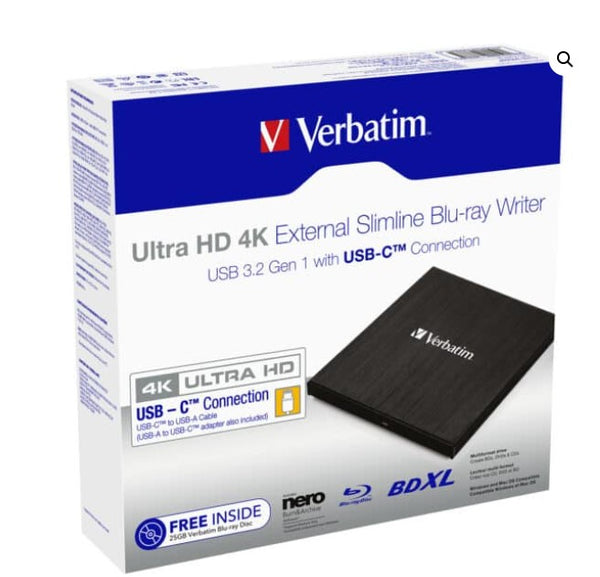 Verbatim External Slim Blue-ray Writer Ultra HD 4K Type-C Connection, USB 3.1 Gen1. Includes Nero Burning Software. Ultra Portable. New 2024