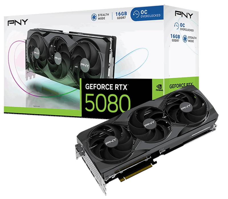 PNY GeForce RTX™ RTX5080,16GB,TRPLFAN,OC,PB,PNY GPU CUDA® Cores 10,752 Base Clock Speed 2.30 GHz Boost Clock Speed 2.78 GHz