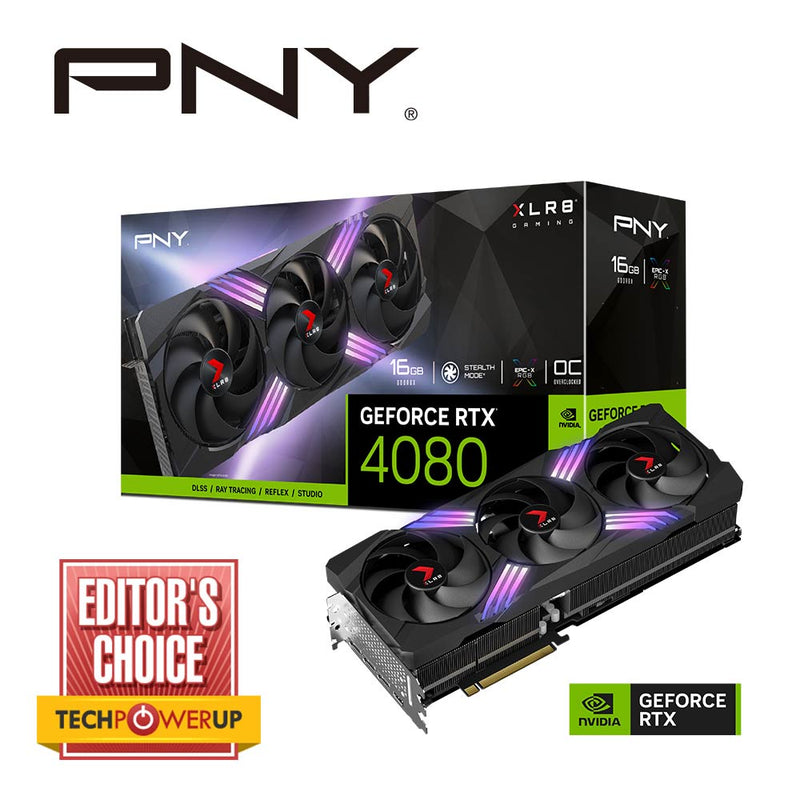 PNY GeForce RTXâ„¢ 4080 16GB GDDR6X XLR8 Gaming VERTOâ„¢ EPIC-X RGB OC Triple Fan 9728 Cude Cores 23Gbps 2205/2550 Mhz 3x DP 1x HDMI 2.1