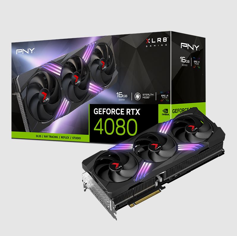 PNY GeForce RTXâ„¢ 4080 16GB GDDR6X XLR8 Gaming VERTOâ„¢ EPIC-X RGB Triple Fan 9728 Cude Cores 23Gbps 2205/2505 Mhz 3x DP 1x HDMI 2.1